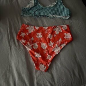 High-Waist Floral Bikini Bottom with Striped Bikini Top